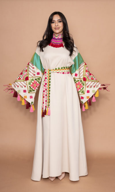 Beige Maxi Dress with Colorful 3D Floral Embroidery