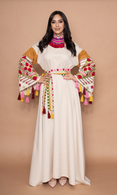 Beige Maxi Dress with Colorful 3D Floral Embroidery