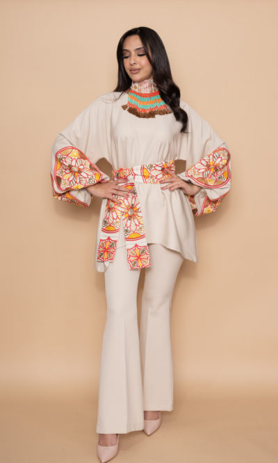 Beige Top with Orange Embroidered Circles