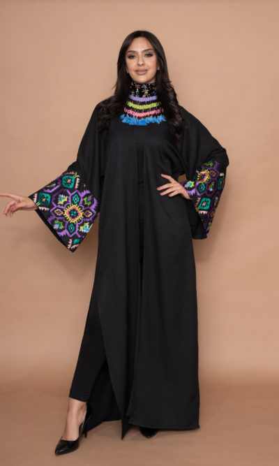Black Linen Abaya with Geometric Embroidery