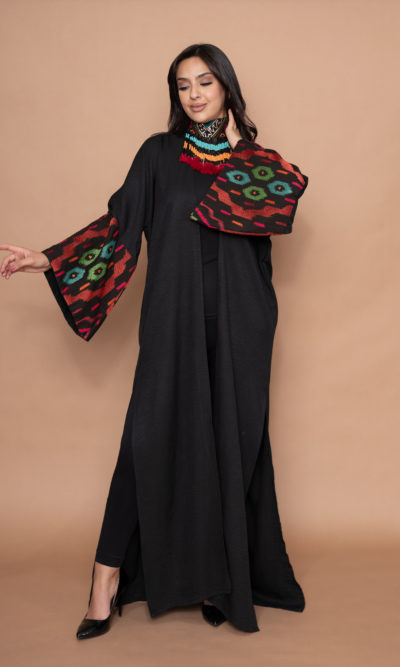 Black Linen Abaya with Red Geometric Embroidery