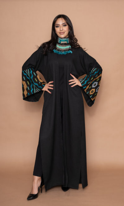 Black Linen Abaya with Geometric Embroidery