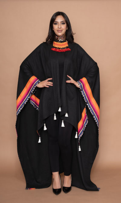Black Long Linen Shawl with Colorful Woven Sides