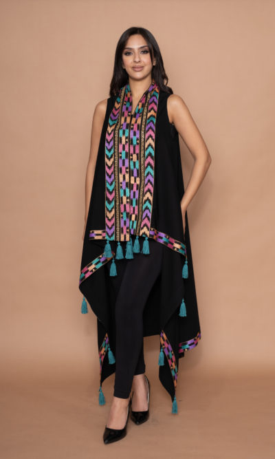 Black Long Vest with Pastel Arrows Embroidery