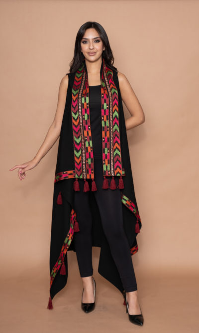 Black Crepe Long Vest with Arrows Embroidery