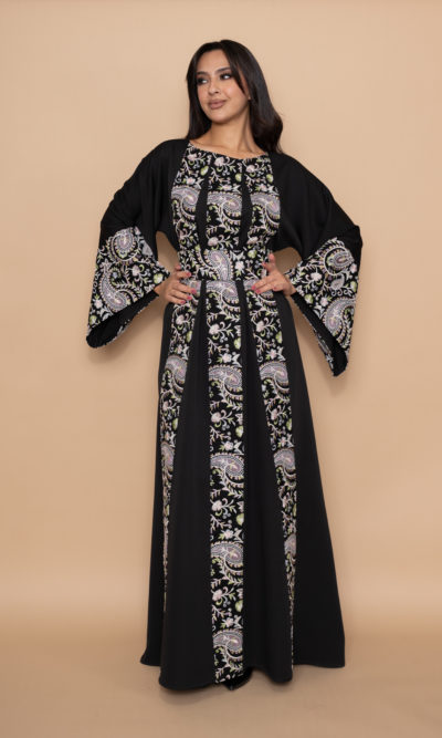 Black Maxi Dress with Pastel Embroidered Lines