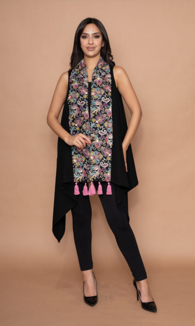 Black Vest with Pink Floral Embroidery