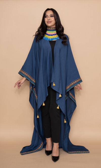 Blue Linen Long Shawl with Colorful Woven Sides