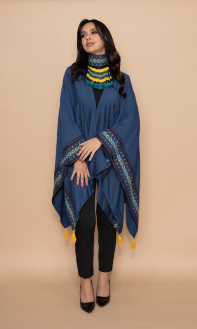 Blue Linen Shawl with Diamond Shaped Woven Sides