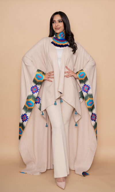 Beige Long Shawl with Modern Tribal Symbols Embroidery