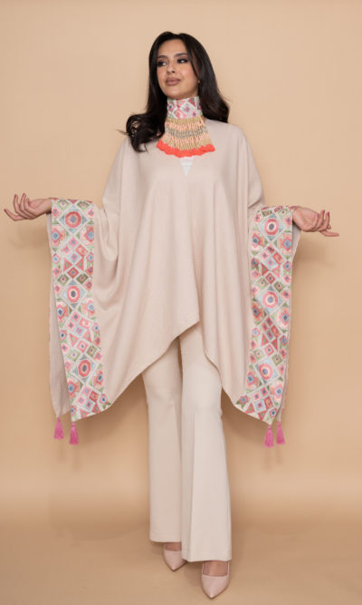 Light Beige Linen Shawl with Pink Geometric Embroidery