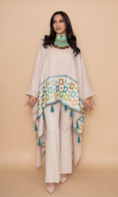 Light Beige Linen Wide Top with Blue Squares Embroidery