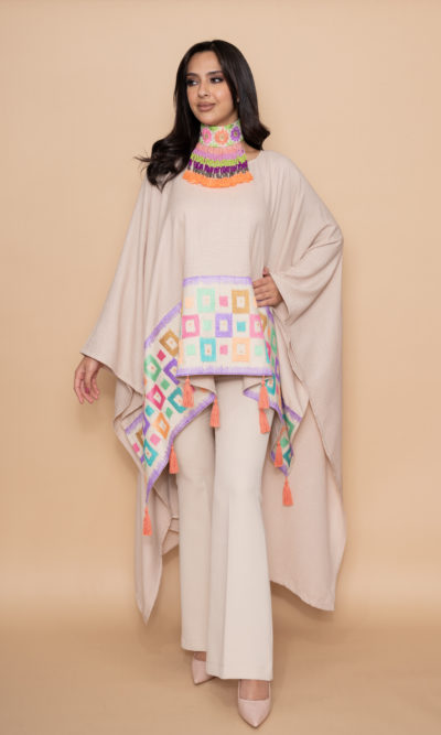 Light Beige Linen Wide Top with Purple Embroidery