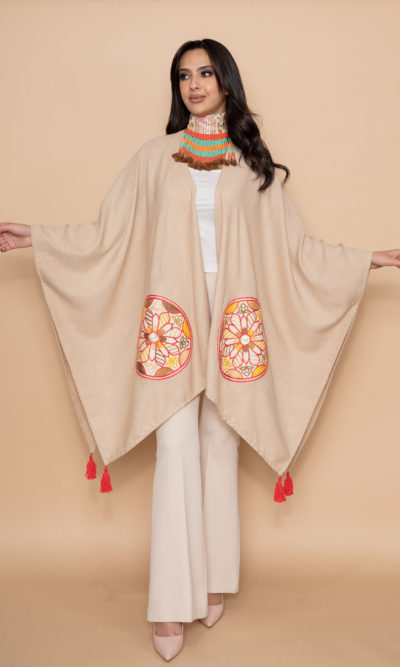 Beige Linen Shawl with Orange Circles Embroidery