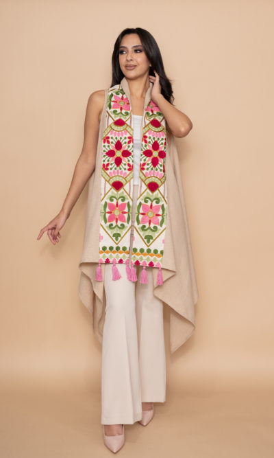 Beige Linen Vest with 3D Floral Fuchsia Embroidery