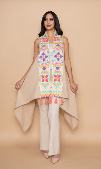 Beige Linen Vest with 3D Pastel Floral Embroidery