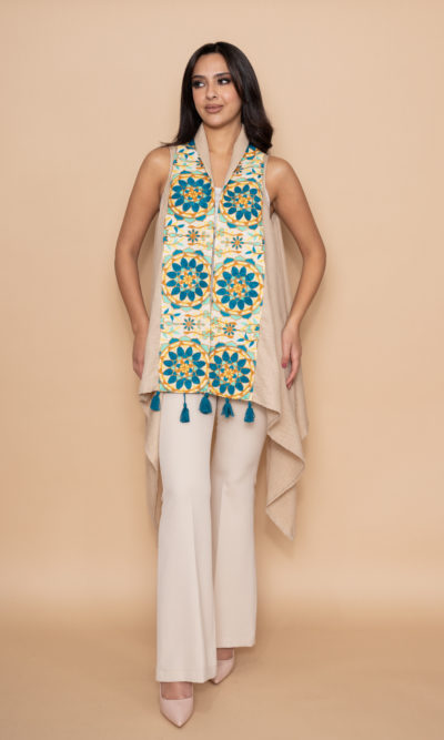 Beige Linen Vest with 3D Turquoise Floral Embroidery