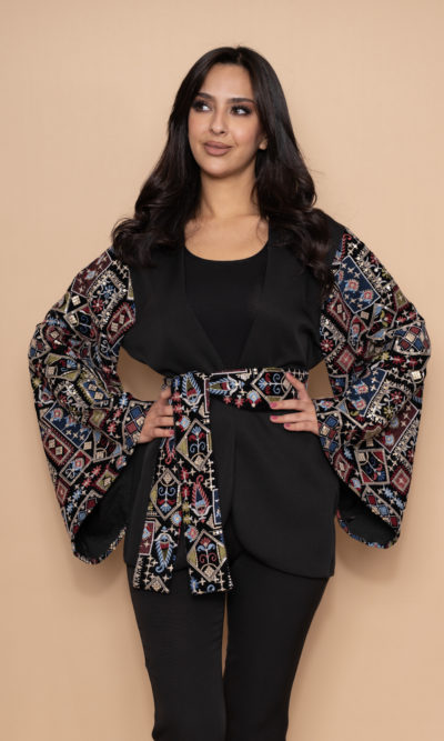 Black Jacket with Velvet Full Sleeves Fallahi Embroidery