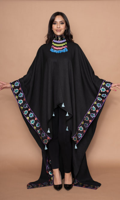 Black Linen Long Shawl with Pastel Modern Embroidery