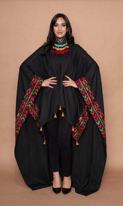 Black Linen Long Shawl with Arrows Embroidery