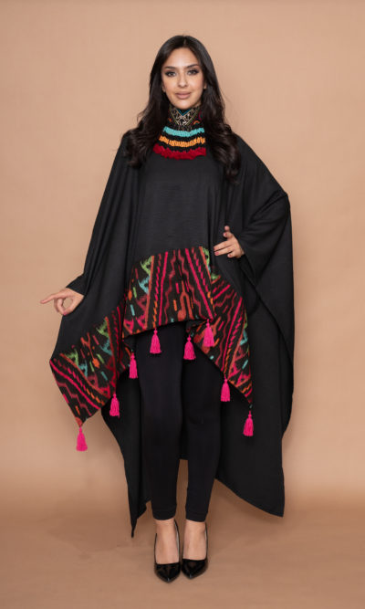 Black Linen Wide Top with Fuchsia Embroidery