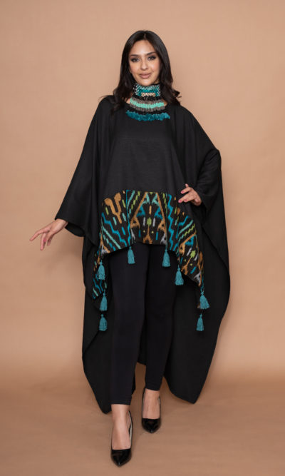 Black Linen Wide Top with Turquoise Geometric Embroidery