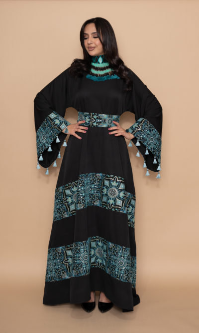 Black Maxi Dress with Two Lines of Turquoise Embroidery