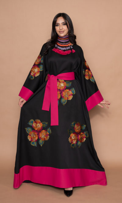 Black Maxi Dress with  Fuchsia Flowers Embroidery
