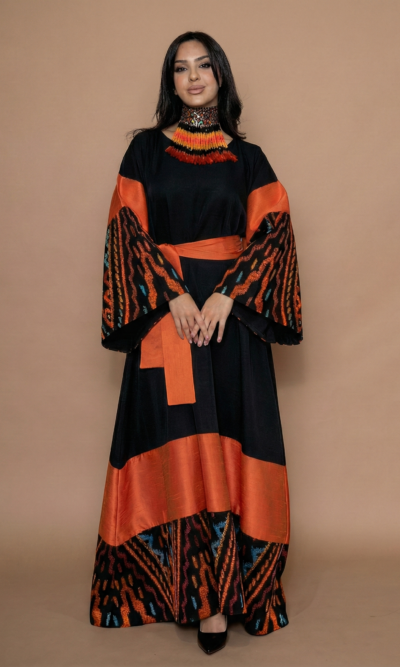 Black Maxi Dress with Orange Geometric Embroidery
