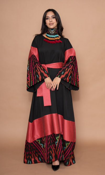 Black Maxi Dress with Dark Fuchsia Geometric Embroidery