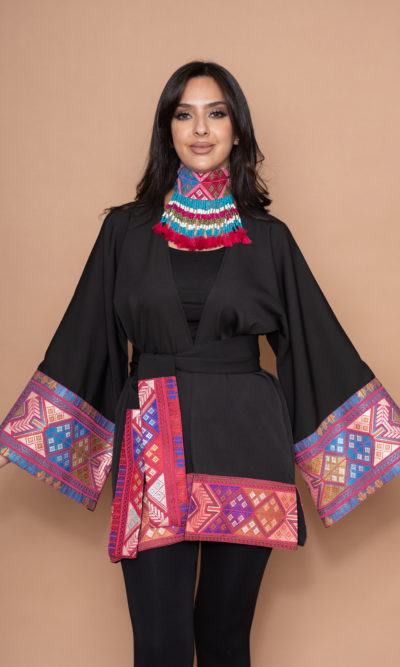 Black Open Side Jacket with Fallahi Fuchsia Embroidery