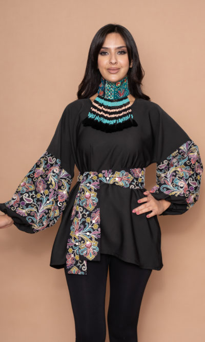 Black Top with Floral Embroidered Puffed Sleeves