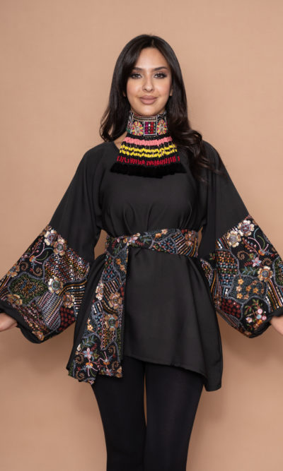 Black Top with Gold Floral Embroidered Puffed Sleeves