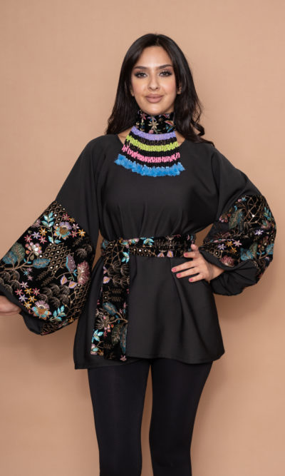 Black Top with Rich Velvet Embroidered Puffed Sleeves
