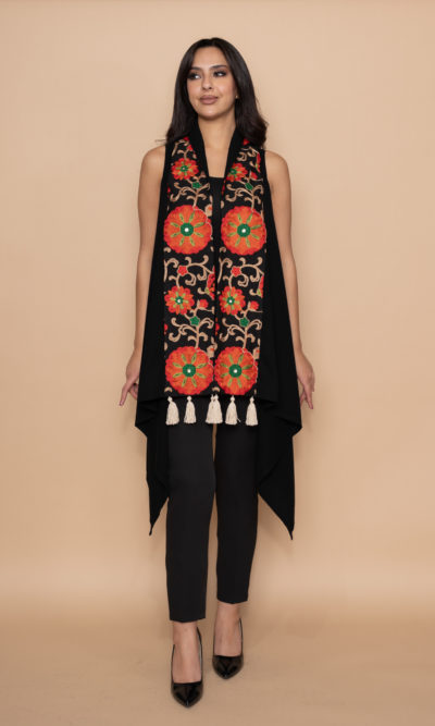 Black Vest with Orange Floral Embroidery