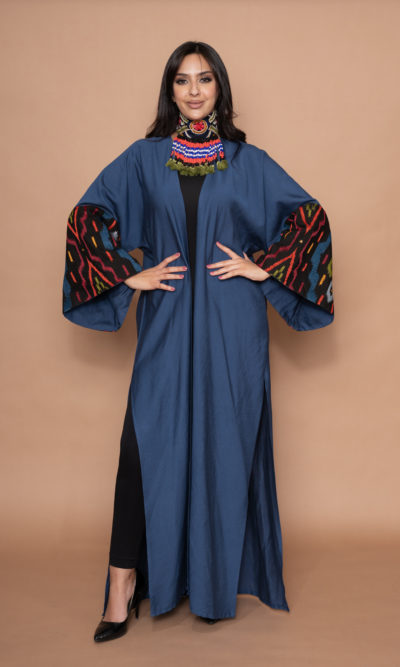 Blue Linen Abaya with Geometric Embroidery