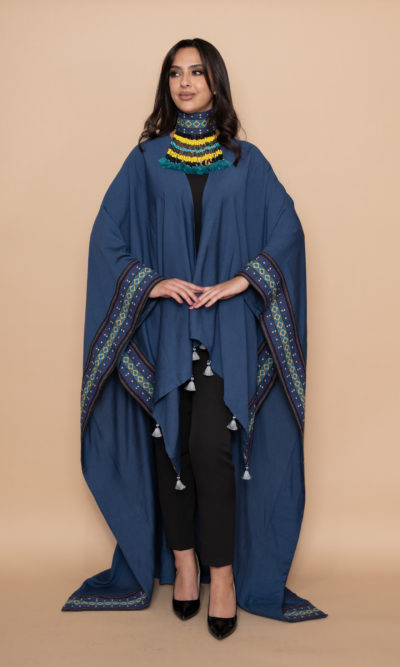 Blue Linen Long Shawl with Diamond Shaped Woven Sides