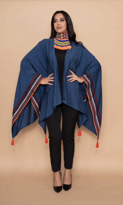 Blue Linen Shawl with Colorful Woven on Sides