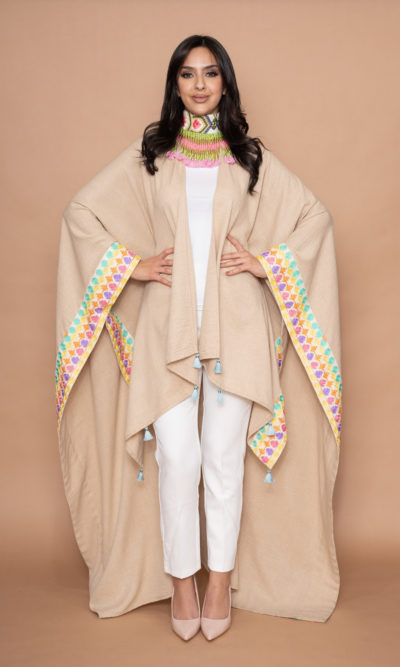 Light Beige Linen Long Shawl with 3D Pastel Embroidery