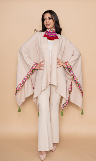 Beige Linen Shawl with Floral Embroidery