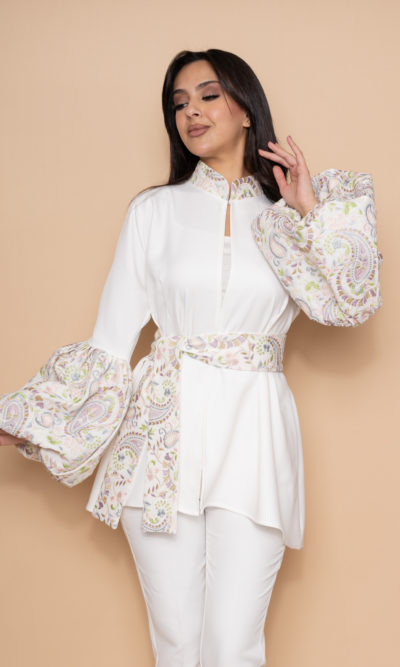 White Jacket with Pastel Embroidered Puffed Sleeves