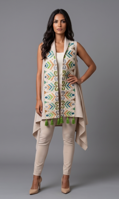 Beige Vest with Green Embroidery