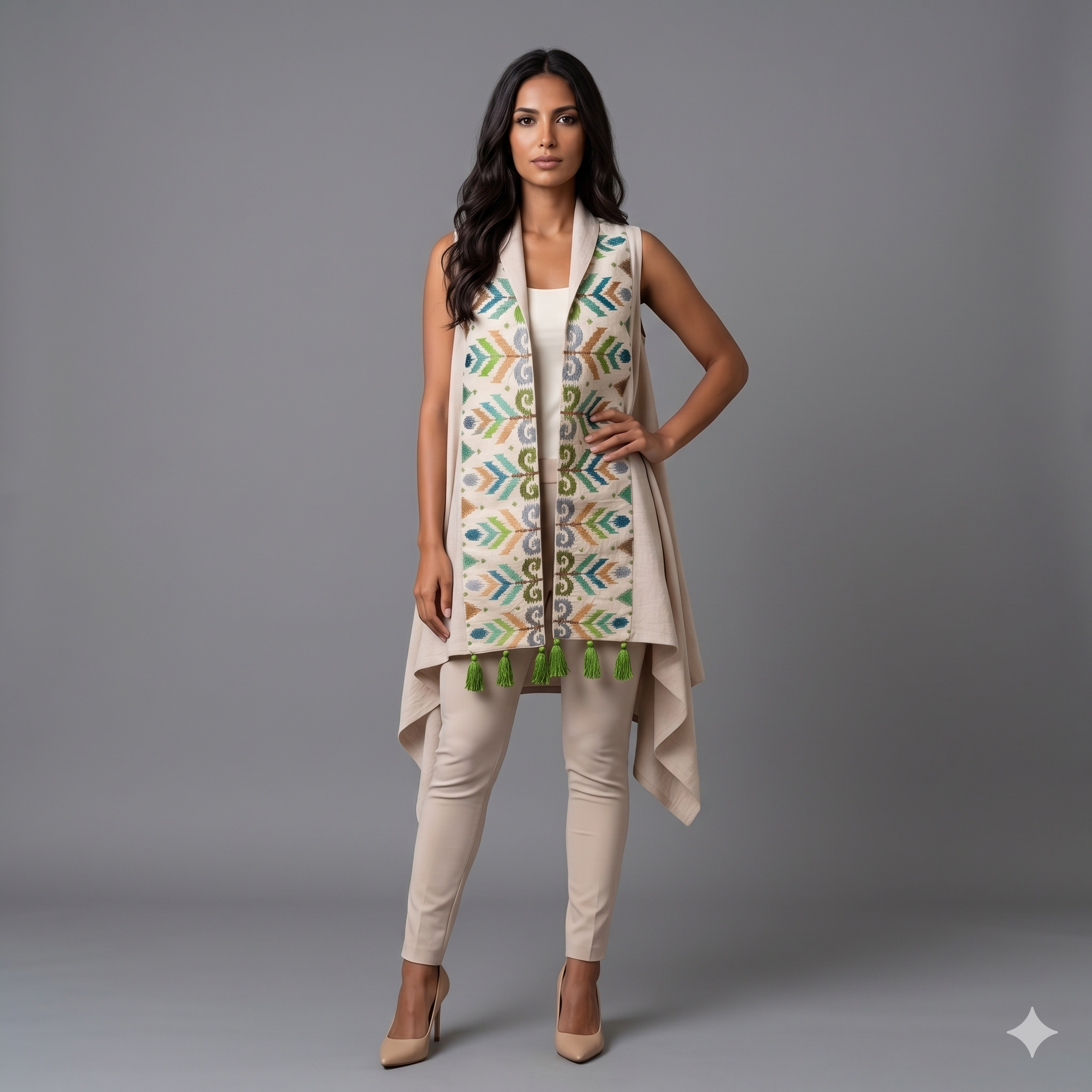 Beige Vest with Green Embroidery
