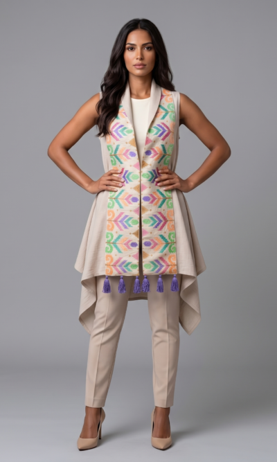Beige Vest with Purple Embroidery