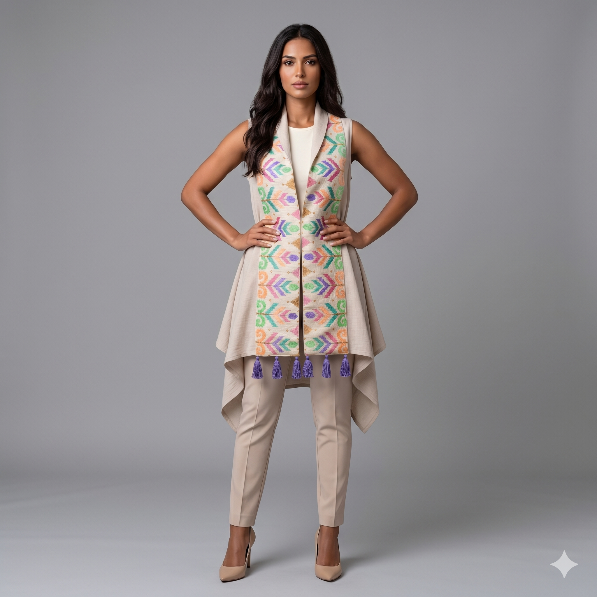 Beige Vest with Purple Embroidery