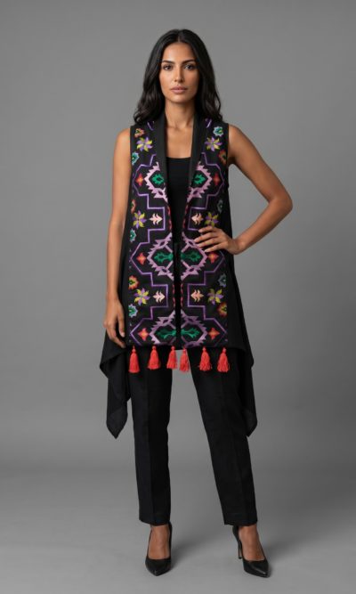 Black Linen Vest with Purple Embroidery