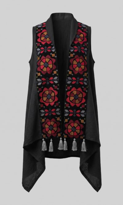 Black Linen Vest with Velvet Traditional Embroidery