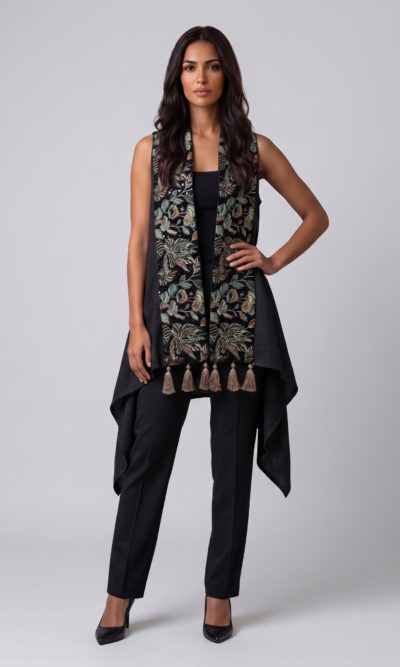 Black Vest with Rich Velvet Embroidery