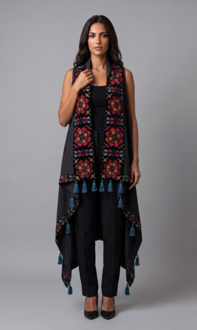 Long Vest with Red Traditional Embroidery
