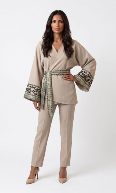 Beige Jacket with Calligraphy Embroidery